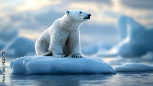 A polar bear sits on an ice...