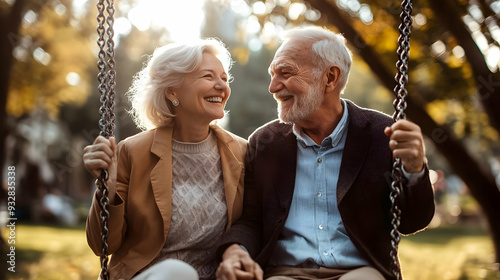 A senior couple sits on a s...