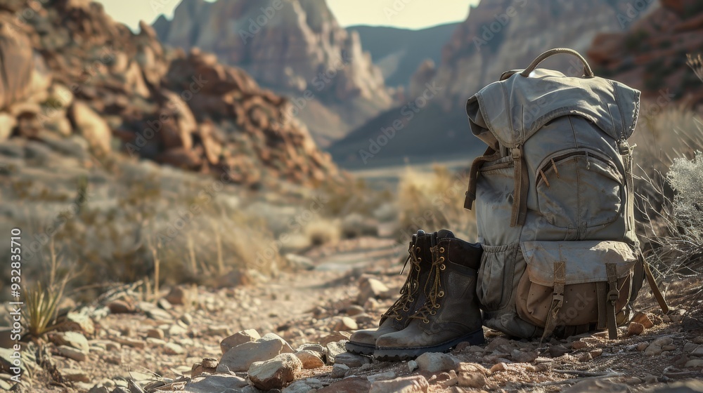 Fototapeta premium Dusty backpack and worn hiking boots resting beside a rocky desert trail