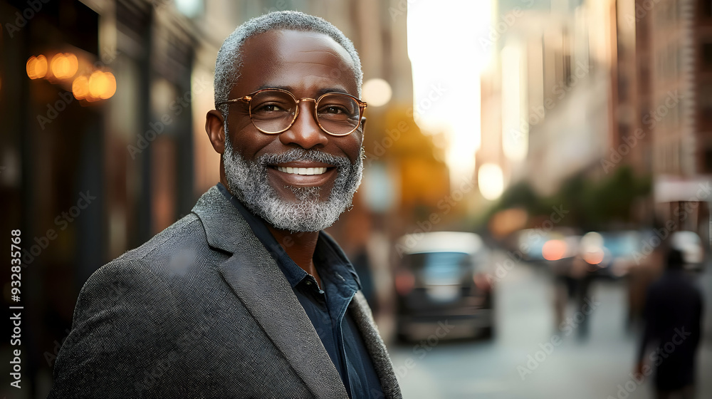 A smiling man in a gray jacket and glasses standing on a city street.