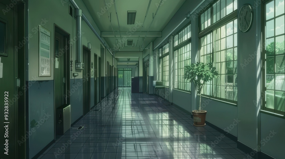 Sunlight streams through tall windows in the anime school hallway, highlighting a peaceful lack of activity and a solitary plant Sunlight streams through tall windows in the anime school hallway, highlighting a peaceful lack of activity and a solitary plant