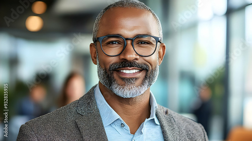 A smiling man wearing glasses and a blazer in an office setting.