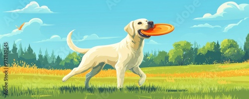 A cheerful dog retrieves a frisbee in a vibrant field under a clear blue sky, capturing the joy of outdoor play. photo