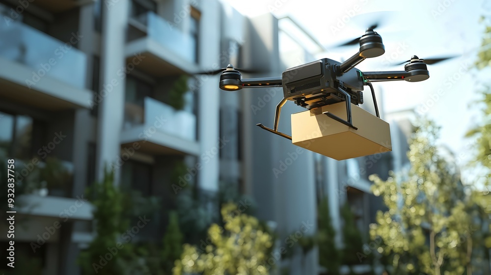 AI Powered Drone Delivering Package to Futuristic Smart Home Symbolizing the Future of Logistics and Delivery Services in a Connected Automated World