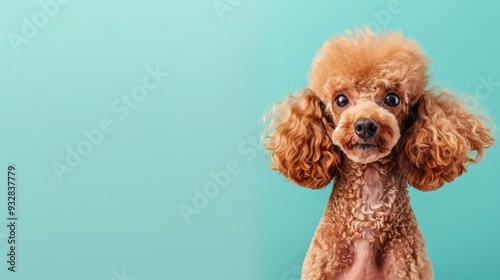 A focused Poodle dog captivates on a serene light blue background, providing ample copy space perfect for text and creative projects.