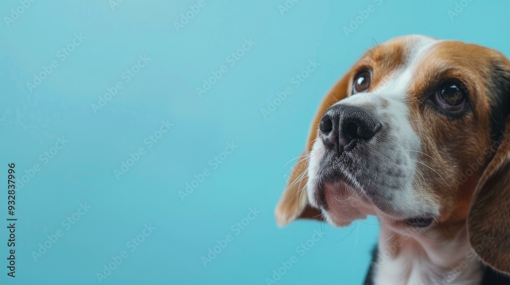 A focused Beagle dog poses against a light blue background, showcasing its expressive eyes and providing ample copy space for text or branding needs. A focused Beagle dog poses against a light blue background, showcasing its expressive eyes and providing ample copy space for text or branding needs.