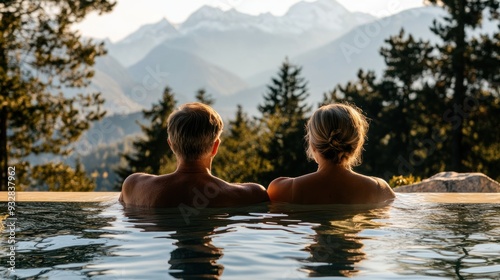 Couple Relaxing in a Hot Tub with Mountain View