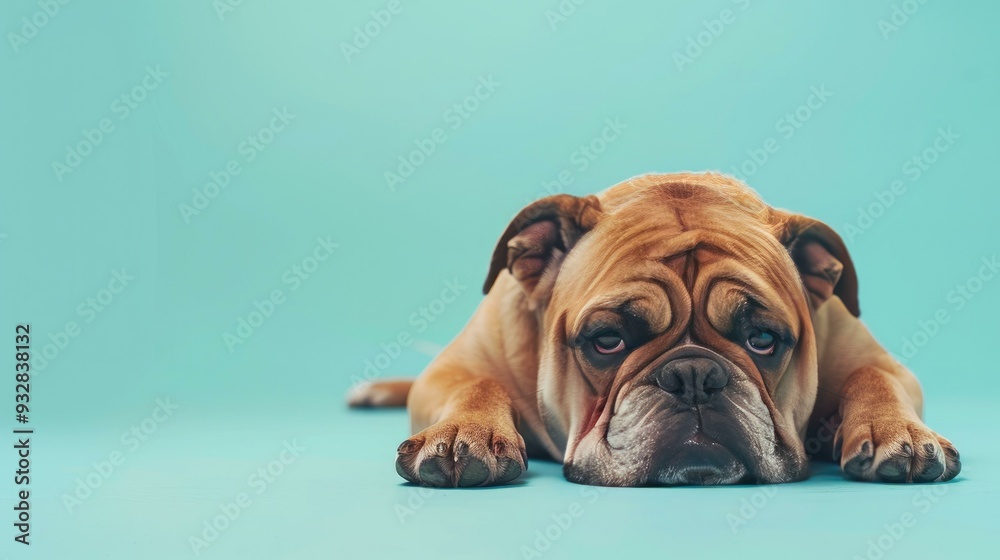 A charming Bulldog sits against a serene light blue background, providing ample copy space while its attentive eyes draw you in with a sense of focus and character. A charming Bulldog sits against a serene light blue background, providing ample copy space while its attentive eyes draw you in with a sense of focus and character.
