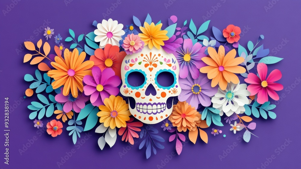 Day of the Dead sugar skull surrounded by colorful flowers, set against a deep purple background.