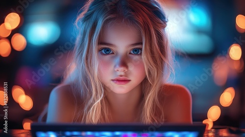 A young girl with blonde hair and blue eyes staring intensely at the camera.