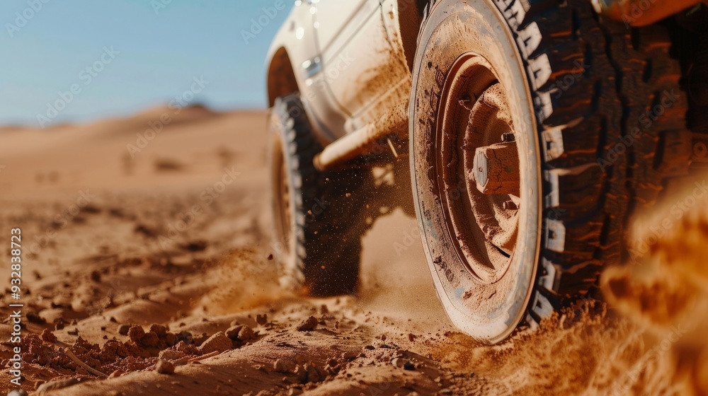 Close-up of a 4x4 wheel spinning in deep desert sand during an adventurous trip