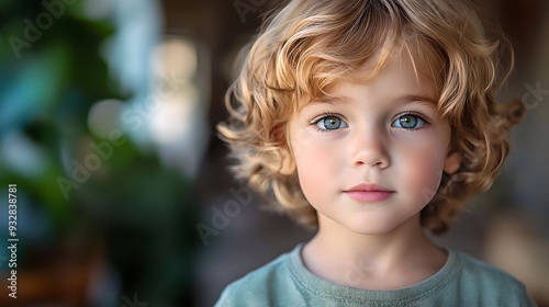 Close-up portrait of a young child with striking blue eyes and curly blonde hair, gazing into the camera with a soft expression. 