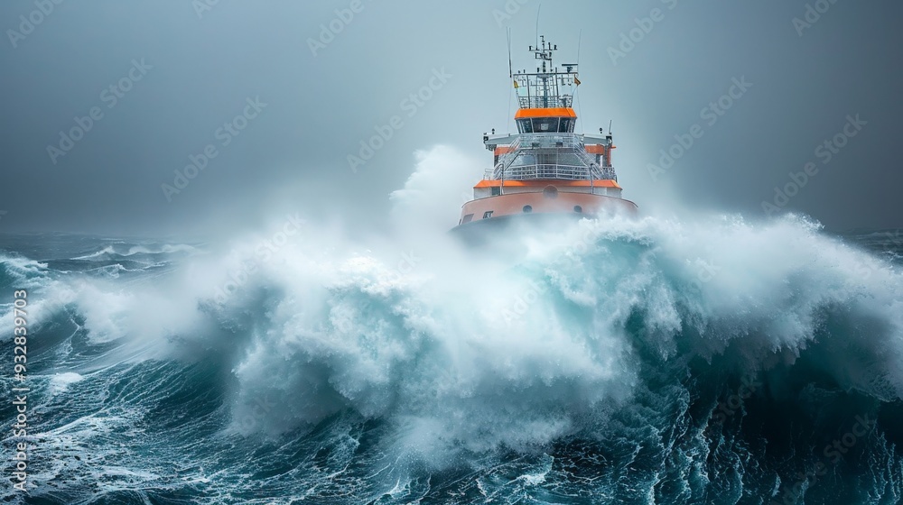 Cargo ship battling through high waves during a fierce storm at sea Cargo ship battling through high waves during a fierce storm at sea