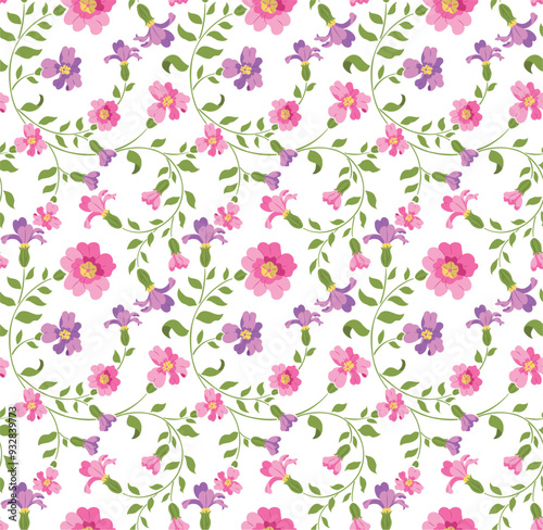 Abstract spring flowers on white background vector. Carnation flower and pink roses seamless pattern. For textile, fabric, shirt, dress, clothes, wallpaper.