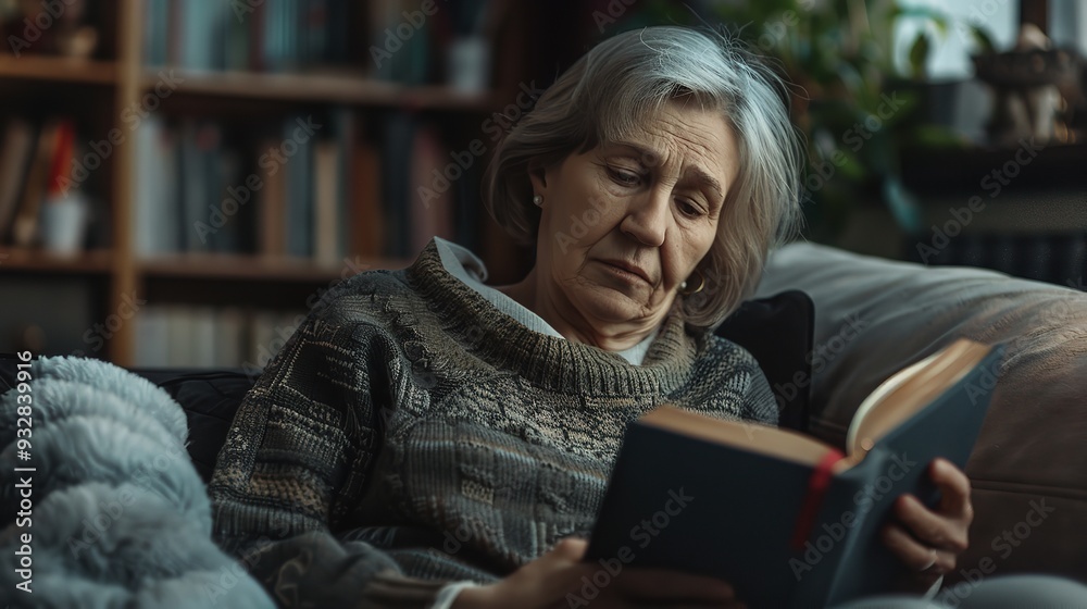 An elderly woman reading a book while lounging on a couch. Generative Ai An elderly woman reading a book while lounging on a couch. Generative Ai