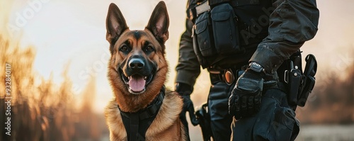 A loyal German Shepherd stands by its handler, showcasing the bond between police and canine partners in a sunset setting.