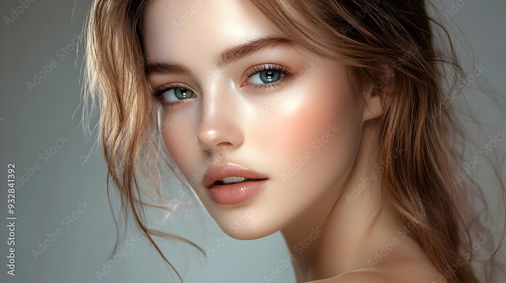 Close-up portrait of a beautiful young woman with long blonde hair and blue eyes, looking at the camera. Close-up portrait of a beautiful young woman with long blonde hair and blue eyes, looking at the camera.