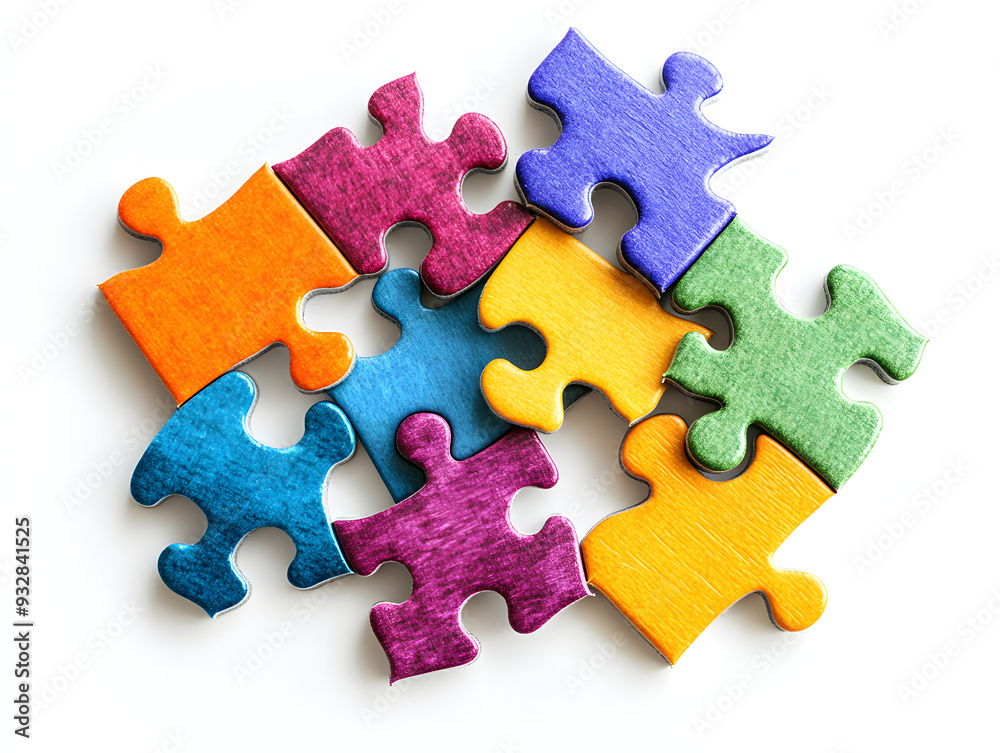 Fototapeta premium Colorful Jigsaw Puzzle Pieces Neatly Arranged on White Background