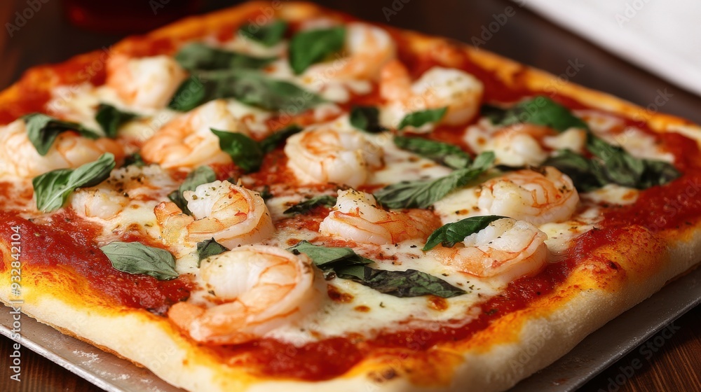 Fresh shrimp basil pizza on wooden table Fresh shrimp basil pizza on wooden table