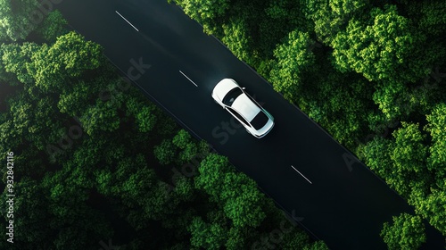 Top view of a white electric vehicle traveling along the elevated Dark Green Forest Road, which encircles a natural forest. idea of protecting transportation and the environment by driving an electric