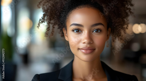 Close-up portrait of a confident young woman with afro hair smiling.