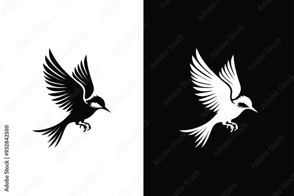 Obraz premium Bird silhouette. Bird icon logo on white black background.