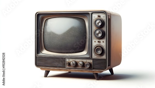 An old vintage retro tv television set with blank screen and isolated on a white background.