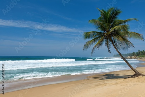 Tropical beach paradise with solitary palm tree azure waves