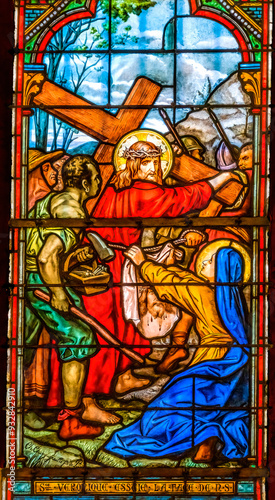 Jesus Carrying Cross Virgin Mary stained glass, Basilica Notre-Dame De Nice, Cote d'Azur, France. Constructed 1860's by Charles Champigneulle.
