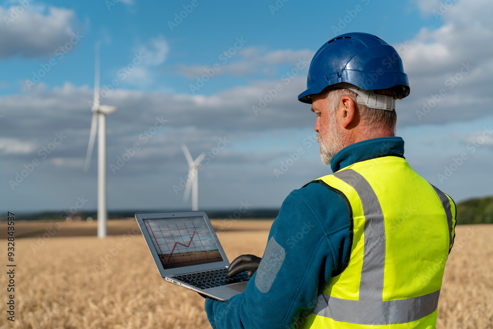 Engineer Monitoring Data on Laptop in Wind Farm During Daytime Engineer Monitoring Data on Laptop in Wind Farm During Daytime
