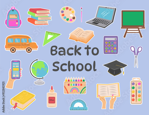 Back to school stickers. Set of school supplies and education stationery.