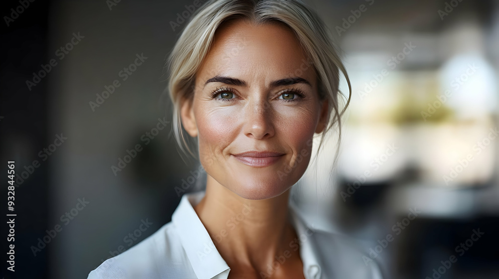 Close-up portrait of a smiling woman with blonde hair looking at the camera. Close-up portrait of a smiling woman with blonde hair looking at the camera.