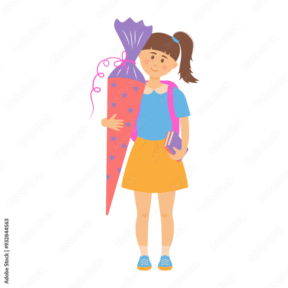 A first grader girl holding a school cone, schultute. Back to school. Happy preschooler with sweet cone. A first grader girl holding a school cone, schultute. Back to school. Happy preschooler with sweet cone.