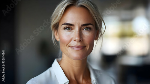 Close-up portrait of a smiling woman with blonde hair looking at the camera.