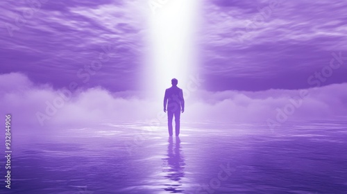 Mystical silhouette of person bright light in purple haze