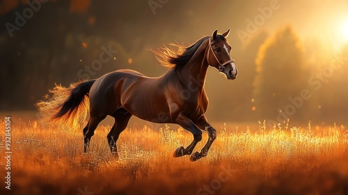 A horse is running in a field with the sun shining on it