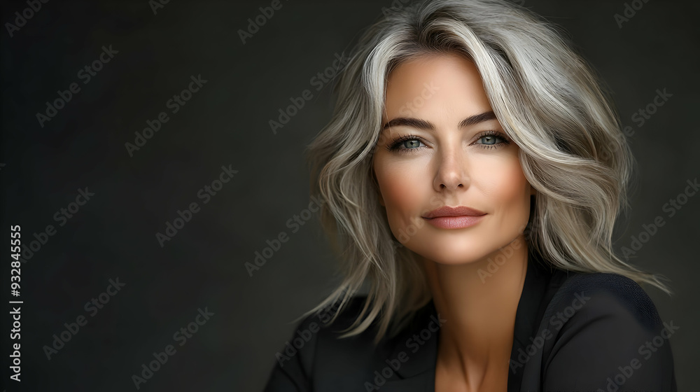Close-up portrait of a woman with gray hair looking at the camera. Close-up portrait of a woman with gray hair looking at the camera.