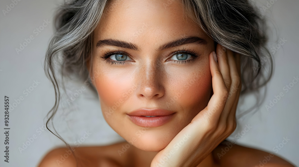 Close-up portrait of a woman with gray hair, blue eyes, and freckles, looking thoughtfully at the camera. Close-up portrait of a woman with gray hair, blue eyes, and freckles, looking thoughtfully at the camera.