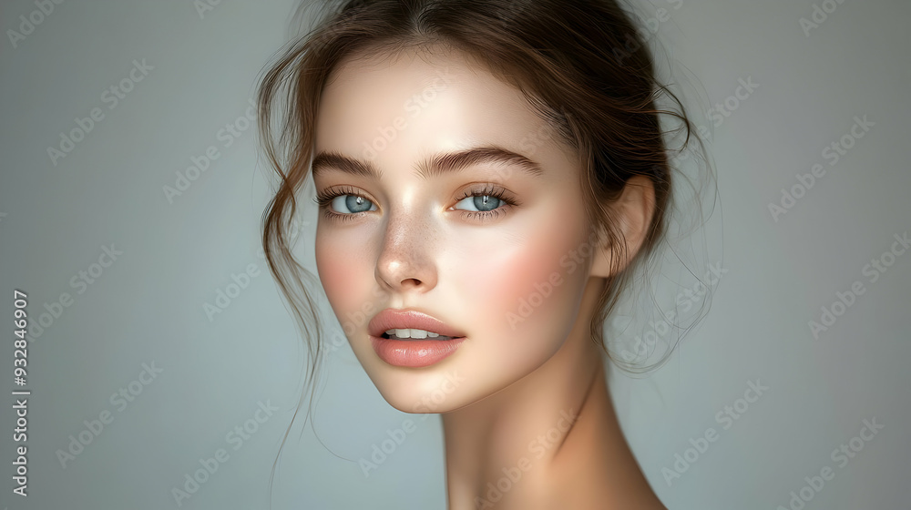 Closeup portrait of a young woman with freckles and blue eyes, looking at the camera with a soft smile. Closeup portrait of a young woman with freckles and blue eyes, looking at the camera with a soft smile.