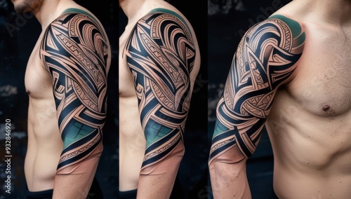 Intricate Maoriinspired geometric pattern tattoo design photo