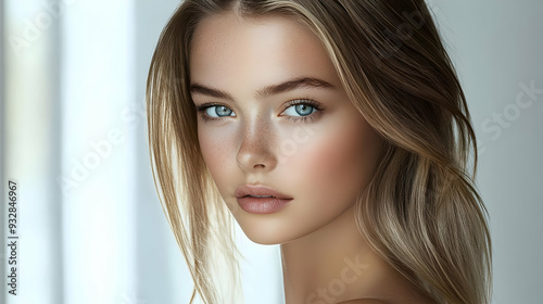 Close-up portrait of a young woman with freckles and blue eyes.