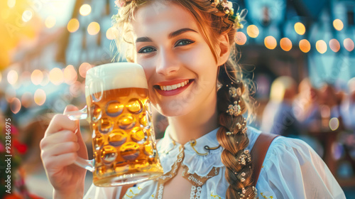 Beautiful smiling German Oktoberfest waitress in a traditional Bavarian dirndl dress, holding a large mug of golden Beer at the festival grounds of a German Bier fest. Octoberfest bier festival poster photo