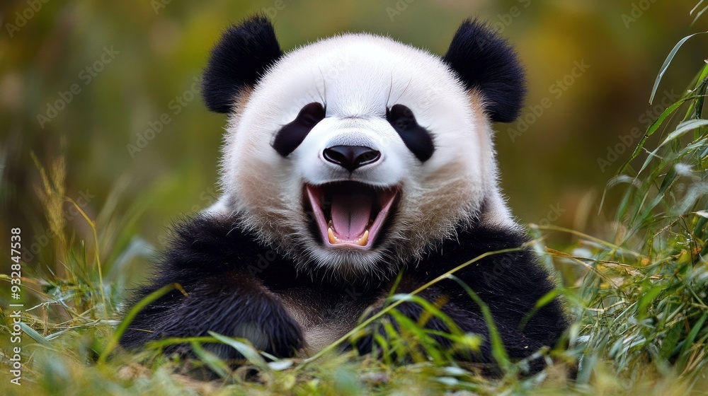 Fototapeta premium Cute Panda Bear Smiling In The Grass