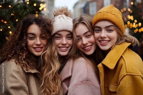 A group of friends enjoying a festive winter day together wearing warm clothing and smiling happily representing the warmth joy and camaraderie of the holiday season