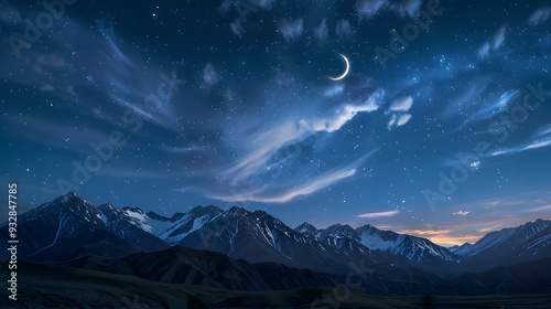 mountain. backgrounds night sky with stars and moon and clouds.