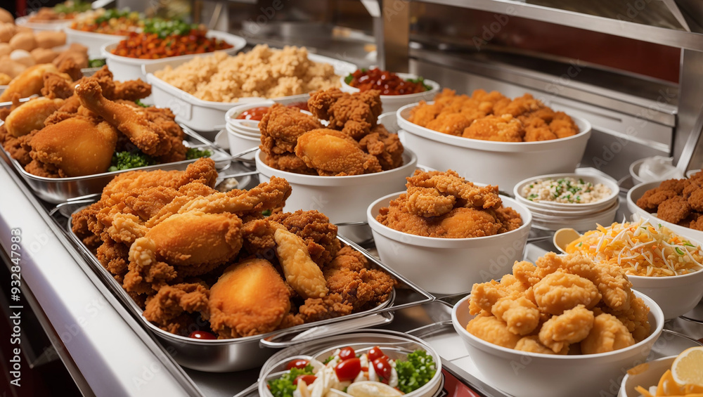 This image shows a variety of fried chicken and side dishes in white bowls and trays.
This image shows a variety of fried chicken and side dishes in white bowls and trays.