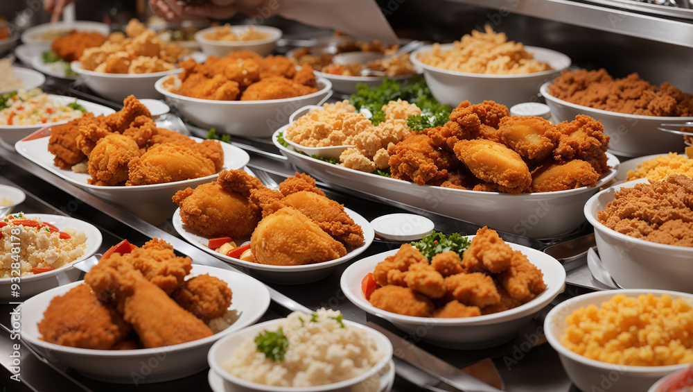 This image shows a variety of fried chicken and side dishes in white bowls and trays.
This image shows a variety of fried chicken and side dishes in white bowls and trays.