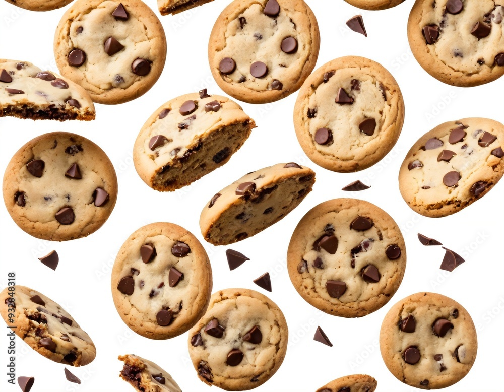 Falling broken chocolate chip cookies isolated on white background with clipping path, flying biscuits collection. Ai generated image Falling broken chocolate chip cookies isolated on white background with clipping path, flying biscuits collection. Ai generated image