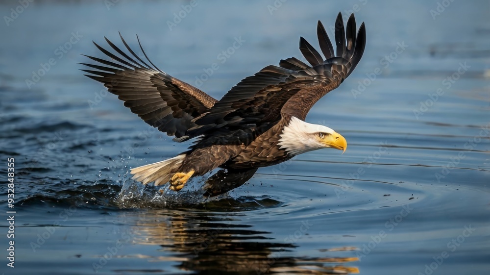 Close-up of bald eagle flying over lake surface Close-up of bald eagle flying over lake surface