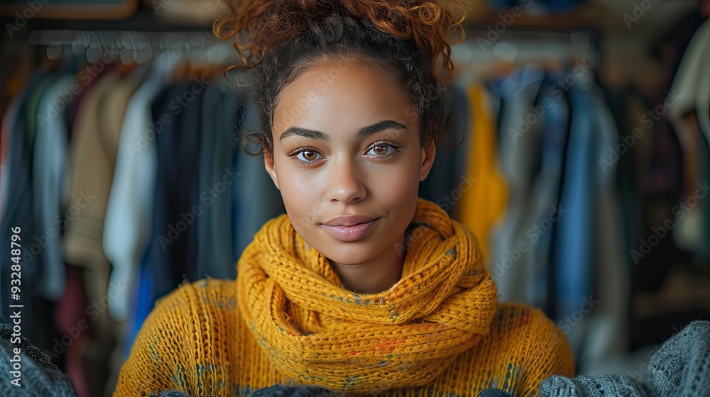 young woman sorting clothing indoors at home charity donation concept young woman sorting clothing indoors at home charity donation concept